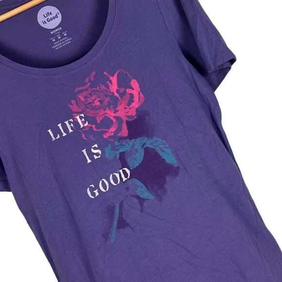 LIFE IS GOOD Women's M Purple Fitted Rose Floral Graphic Casual‎ Basic T-Shirt - Picture 1 of 8